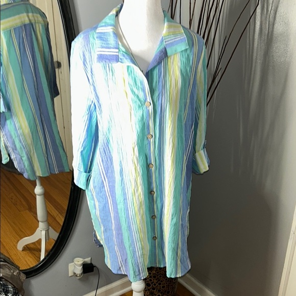 Striped Collared Shirt in Blue and Green - Picture 1 of 8